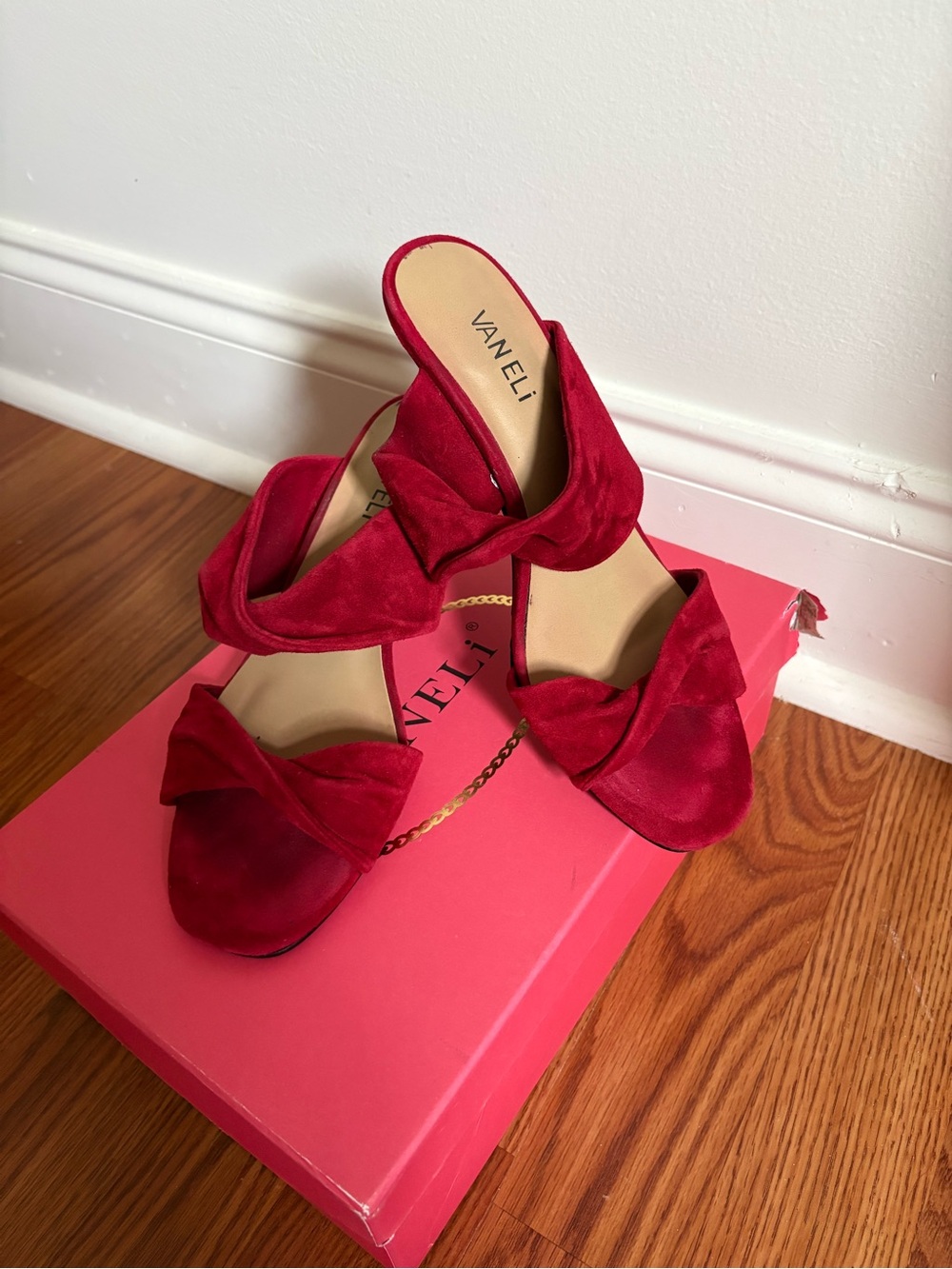 VANELi Red Velvet Suede Knot Slide Mules “Lotty”